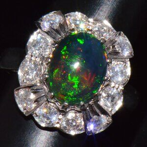 Certified Natural 2.69Cts Diamond Black Opal 18K Solid Gold Tiered Dome Ring